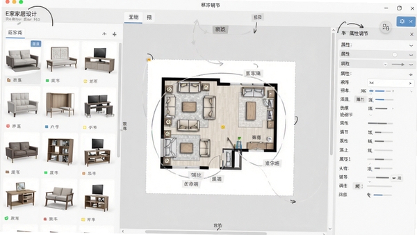 E家家居设计软件主界面展示,左侧为家具模型库,中间为户型画布,右侧为属性调节面板,整体风格现代简约,浅灰色背景,界面清晰标注功能区域,画面主体为软件操作界面,细节丰富,光线柔和