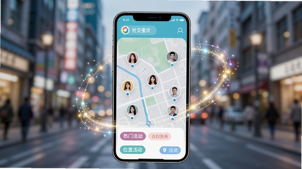 附近蜜欢应用主界面预览图，手机屏幕显示地图上的用户头像分布与热门活动标签，背景为模糊的城市街景，整体色调明亮清新，突出社交发现与位置服务主题，画面主体为居中智能手机，周围有光效点缀，适合软件介绍首图
