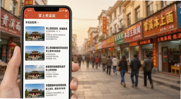 掌上贵溪新闻资讯阅读界面示意图，手机屏幕内展示图文并茂的本地新闻列表，配有醒目的标题和缩略图，背景虚化为贵溪市繁华街道景象，画面风格写实且具有人文气息，强调信息的实时性与本地化特色，整体色调温暖明亮