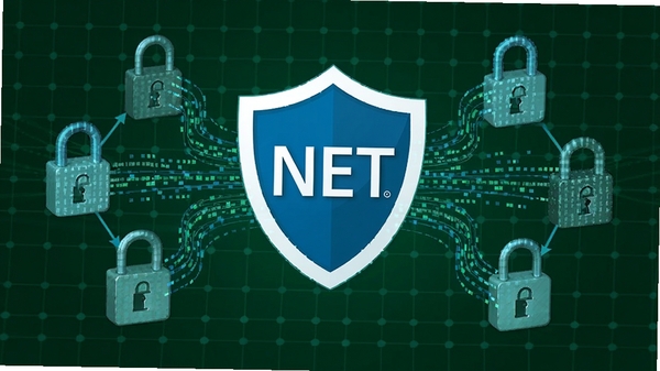 Microsoft .NET Framework 4.5.1 安全防护概念图，中心为盾牌图标，盾牌上印有.NET字样，周围环绕加密锁与数据流，背景为深绿色网格，强调数据加密与安全防护能力