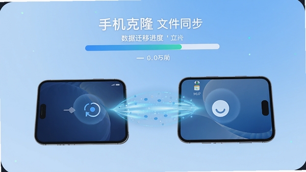 手机克隆(文件同步)主界面预览图,手机屏幕显示数据迁移进度条,背景为浅蓝色科技感渐变,画面中央两台手机相互传输数据的光效,整体风格简洁明快,突出软件名称和高效同步的核心功能