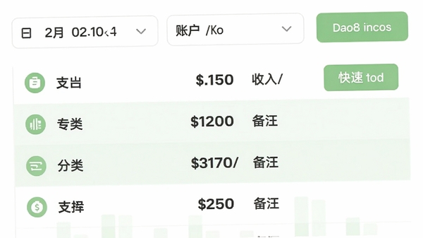 财智8专业理财工具的收支记录界面,上方为日期选择器与账户筛选栏,中间为收支列表,每一行显示收入/支出图标、分类名称、金额与备注,右侧有快速添加按钮,界面以白色和浅绿色为主,突出数据清晰度
