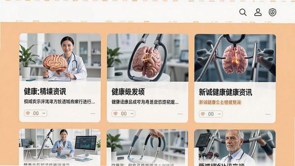 新诚健康健康资讯页面,展示多篇健康科普文章卡片,配图精美,标题醒目,背景为浅橙色,整体布局清爽,适合阅读,体现专业性与权威性