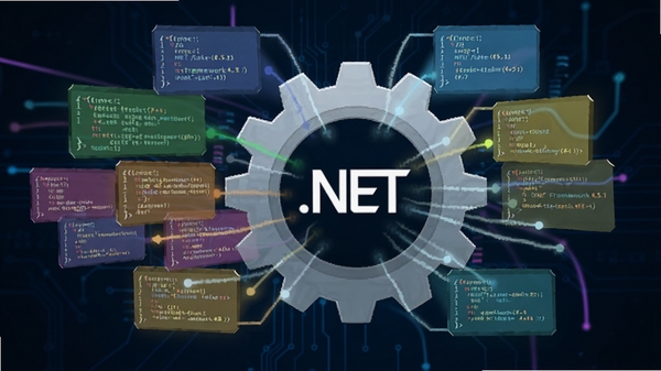 Microsoft .NET Framework 4.5.1 代码编译与运行示意图，画面中多块彩色代码块汇聚成一个齿轮图标，齿轮中心显示.NET标志，背景为深蓝色科技感光线，突出兼容多种语言的特性