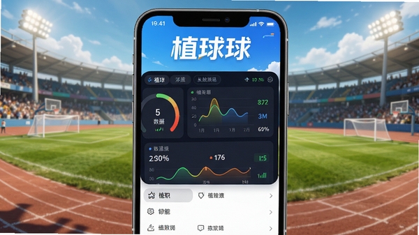 植球APP主界面预览图,展示运动数据仪表盘和功能菜单,背景为运动场,整体风格明亮清晰,突出软件名称植球