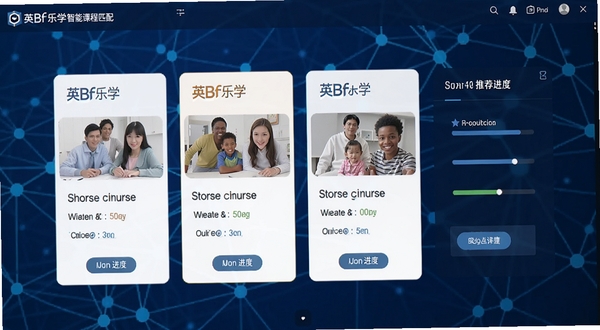 英孚乐学智能课程匹配界面截图,展示不同等级课程卡片与推荐进度,背景为抽象的网络节点连接图形,蓝色科技感色调