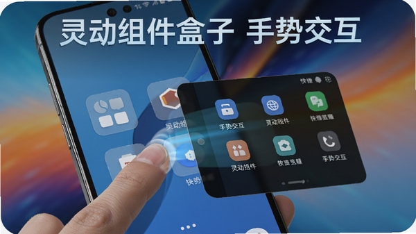 灵动组件盒子手势操作演示图，手指在手机屏幕上滑动组件，触发快捷功能面板，画面展示组件动画反馈效果，背景为动态模糊壁纸，标注“灵动组件盒子 手势交互”字样，风格科技感十足。