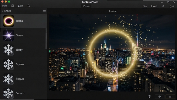 展示FantasiaPhoto软件中粒子特效库的界面,左侧为特效列表,包含光晕、星芒、飘雪等选项,右侧预览区显示一张城市夜景照片上叠加了金色光晕与飘散粒子后的效果,界面风格深色,特效图标精致,整体视觉冲击力强