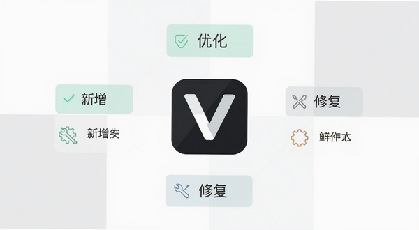 简约风格的更新日志解读图,中央为Vala图标,四周环绕着“新增”、“优化”、“修复”三个半透明标签,每个标签下用简短线条图标指示对应内容,背景为纯白与淡灰几何图形拼接,整体配色清新,突出版本迭代的清晰与条理,画面主体占中间区域,背景留白30%