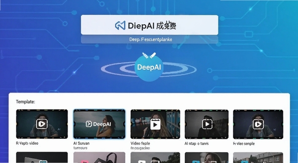 DeepAI成片免费主界面截图,展示其简洁的创作入口与视频模板选择区,背景为渐变蓝色科技感风格,画面主体突出AI视频生成的功能图标。