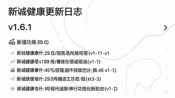 新诚健康更新日志截图,展示版本号v1.6.1和新增功能列表,背景为简洁白色,文字清晰,体现软件迭代升级