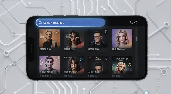 免费听全部音乐聚合搜索功能展示,搜索结果列表呈现多首同名歌曲,封面各异,手机界面高亮显示搜索框和结果区域,背景为浅灰色科技感