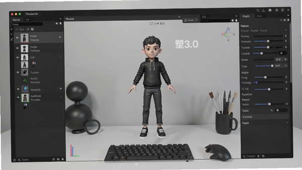 像塑3.0主界面预览图,展示深色主题工作台,左侧为图层与资源面板,中央为3D角色模型展示区,右侧为参数调节面板,背景为整洁的桌面环境,整体风格现代且专业