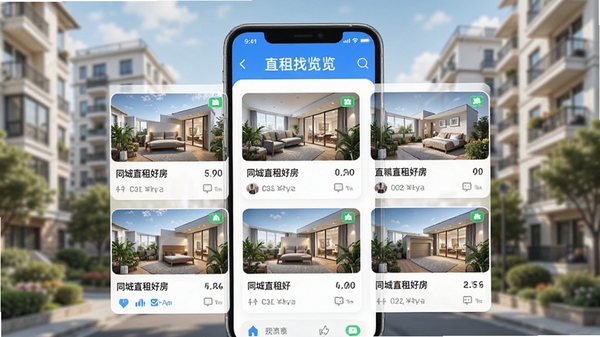 同城直租好房APP主界面预览图,画面中央展示房源列表卡片,背景为模糊的城市住宅区,整体色调清新明亮,突出直租找房便捷氛围