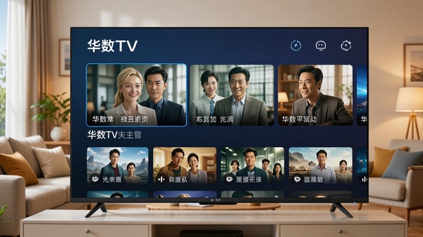 华数TV主界面,展示在客厅大电视上播放着热门影视剧,背景为温馨的家庭客厅环境,画面清晰明亮,界面布局简洁大方,突出软件名称“华数TV”的Logo,整体风格现代且具有科技感,色彩鲜艳,细节丰富,适用于AI生图模型。