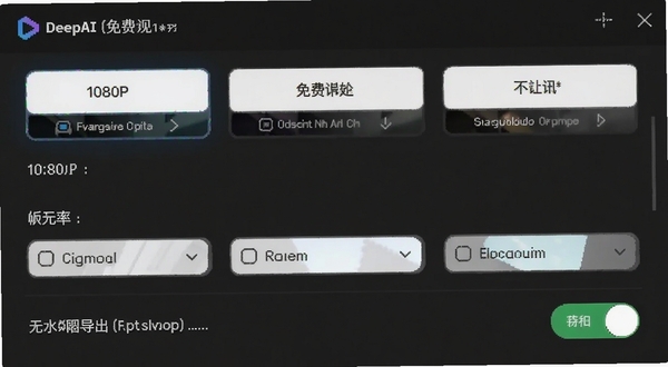 DeepAI成片免费视频导出设置界面,显示清晰度选项(包含1080P)、帧率选择以及无水印导出的开关状态。