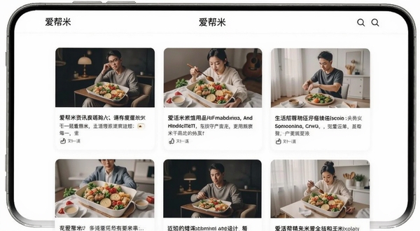 爱帮米资讯推荐页面效果图,屏幕展示多篇生活类文章卡片,配图精美,背景为白色,应用名称“爱帮米”位于导航栏,整体风格简约大气