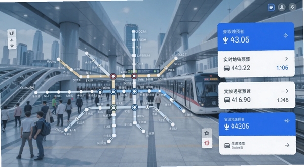 交通地铁查询软件主界面预览图，展示清晰的地铁线路图与实时到站信息卡片，背景为现代化城市交通枢纽，蓝白配色，界面简洁明了，符合Boogu模型生成风格