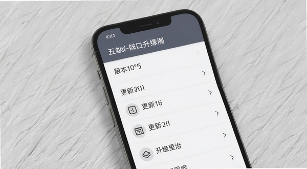 升缘阁更新日志界面展示，手机屏幕显示版本号与更新列表，背景为简洁的浅灰色纹理，突出文字内容，风格专业清晰