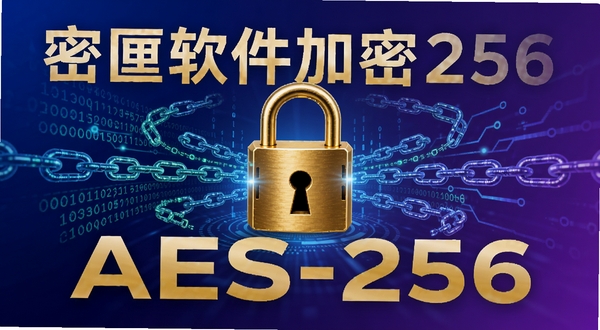 密匣软件加密过程概念图,画面中央是一个金色锁头,周围环绕着数字代码和加密链路,背景为渐变蓝紫色,科技感十足,辅以“AES-256”文字标识,整体视觉突出安全性与可靠性。