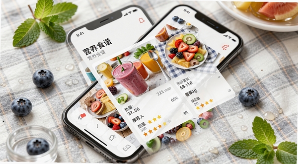 果物时序应用界面中展示“营养食谱”板块,屏幕上显示多款色彩鲜艳的果昔与果盘图片,旁边有详细的热量标与推荐指数,手机斜放在铺有格子布的餐桌上,周围散落着新鲜蓝莓与薄荷叶,画面明亮诱人,突出健康生活方式。