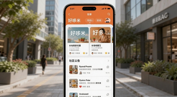 画面主体为一部智能手机屏幕占据中央,屏幕上清晰显示好哆米应用主界面,包含本地商家优惠卡片与社区公告列表,背景为模糊的现代城市街道与绿植,整体色调明亮温暖,采用写实风格,突出生活服务与便捷感