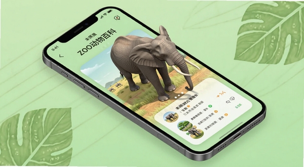 Zoo动物百科软件主界面预览图，画面主体为手机屏幕展示着非洲草原象的高清3D模型与信息卡片，背景为浅绿色渐变与抽象树叶纹理，整体风格清新自然，符合动物科普类应用的视觉调性，画面细节丰富，色彩明亮柔和，采用俯视45度角构图，确保应用界面与动物模型清晰可见