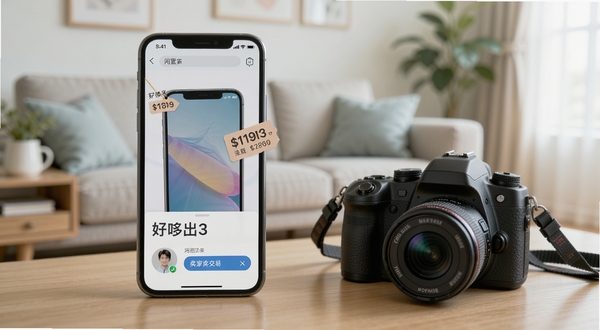 好哆米二手交易界面展示一台手机与一台相机,带有价格标签与卖家头像,背景为整洁的客厅环境,光线柔和,画面突出闲置物品交易的真实感,采用自然写实风格,色彩清新淡雅