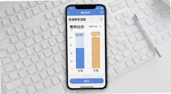 快递寄收速查软件寄件比价界面，显示不同快递公司的价格对比条形图，背景为浅灰色商务风格，手机模型居中展示，画面简洁专业