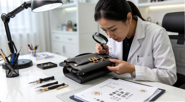 一位鉴定师手持放大镜仔细检查一只名牌包的五金扣件,桌面上摆放着鉴定工具和星奢二奢的鉴定报告文件,背景为明亮的专业工作台,光线充足,细节清晰可见,整体氛围专业严谨。