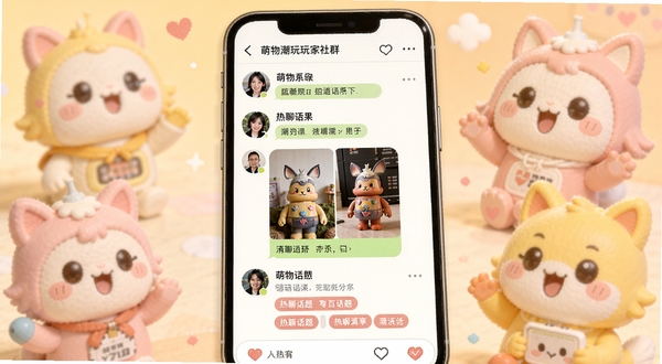 萌物潮玩玩家社群聊天界面概念图，手机界面内展示不同潮玩爱好者的头像和讨论组，包含图片分享和热聊话题标签，背景融入了萌物潮玩吉祥物元素，整体色调温馨活泼