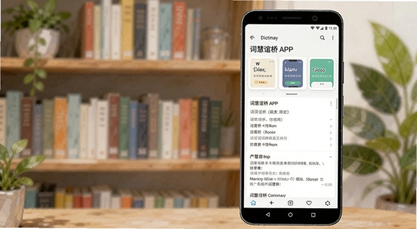 高清数字插画风格,前景是一部亮屏的安卓手机,屏幕中清晰显示词慧谊桥APP的词典查询界面,包含单词卡片、释义列表与例句区域,背景是虚化的书架与绿色植物,整体色调明快,突出学习氛围与智能感,画面干净无文字水印