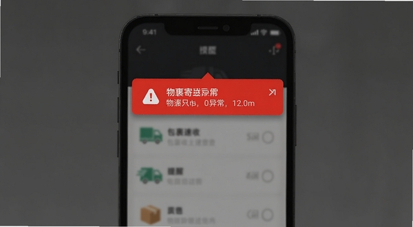 快递寄收速查软件物流异常提醒通知栏界面示意图,手机顶部下拉出现一条红色的提醒横幅,写着包裹派送异常,背景为深色手机界面模糊效果,前景突出通知内容,视觉风格醒目,强调预警功能