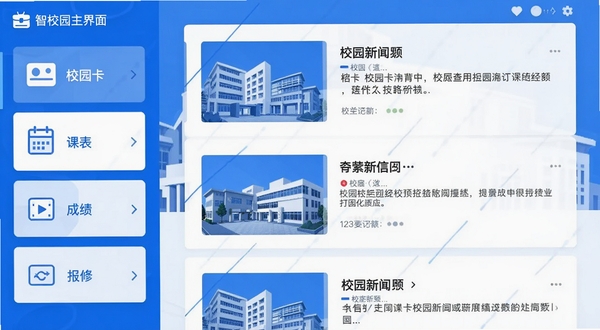 智校园主界面预览图,画面左侧1/3为功能列表,包含校园卡、课表、成绩、报修等模块,右侧2/3为校园新闻信息流背景,主色调以蓝色和白色为主,展示校园建筑轮廓,简洁现代,扁平化设计风格,高清清晰,适合作为软件宣传截图