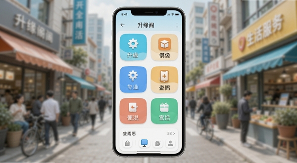 升缘阁手机应用主界面预览图，融合现代简约与生活化元素，界面清晰展示功能模块图标，背景为模糊的城市生活服务场景，色调明快，突出便捷感