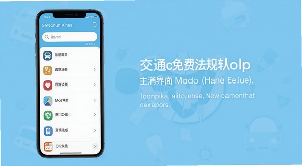 交通免费法规通软件主界面预览图,手机屏幕上显示法规分类列表和搜索框,背景为简洁的浅蓝色调,图标醒目,整体风格现代清晰,适合作为应用介绍主图