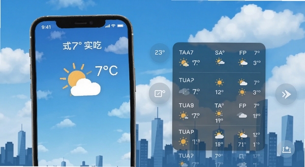 天气预报手机应用界面展示,主屏幕呈现当前城市实况温度、天气图标、未来7天预报列表,背景为蓝天白云与城市剪影,画面清晰明亮,UI设计简洁现代,整体风格专业且贴近生活