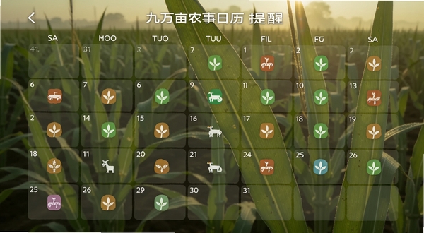 九万亩农事日历提醒界面，日历上标注不同颜色的农事图标，背景是清晨阳光下的农作物叶片特写，色调自然
