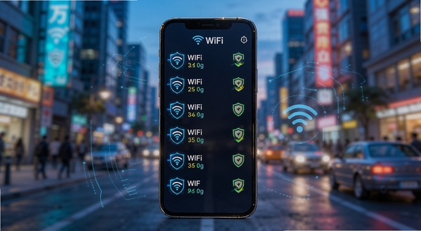 万能WiFi免费强连通智能扫描功能演示图，手机屏幕显示周边WiFi列表，每个热点旁边标注信号强度与安全盾牌图标，背景为城市街景虚化，色彩明亮，科技感十足，突出软件安全连接特性