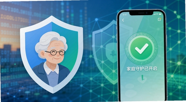 夕阳情软件的安全功能概念图,画面左侧是盾牌图标守护着一位老人的半身像,右侧是智能手机界面显示“家庭守护已开启”的绿色标识,背景为模糊的数据流与防护网格,色调以蓝色和绿色为主,传达安全可靠的感觉,现代扁平化风格。
