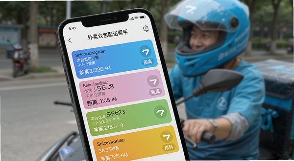 手机屏幕特写显示“外卖众包配送帮手”的订单列表界面,不同平台订单以不同颜色卡片区分,有价格、距离、方向标签,背景为虚化的外卖骑手头盔和电动车,突出多平台聚合与智能排序功能,构图清晰直观。