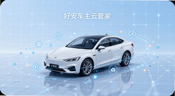 好安车主云管家手机界面展示,画面中央是一辆线条流畅的白色轿车,车身上环绕着数据光点与图标,背景是淡蓝色的科技网格,整体风格简洁明亮,突出智能车管与云端同步的核心功能,适配Boogu模型生成。