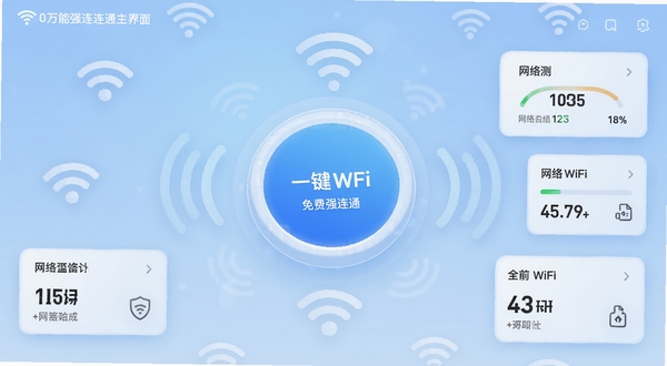 万能WiFi免费强连通主界面预览图，画面中央为醒目的圆形一键连接按钮，背景为淡蓝色渐变，周围环绕WiFi信号波纹图标与网络测速数据卡片，整体风格清新现代，UI细节精致，光线柔和，适合博古模型生成