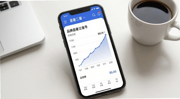 手机屏幕显示星奢二奢App内的价格走势图表,图表线条清晰上扬,旁边标注着品牌名称和型号,背景为浅色调的办公桌面,放有一杯咖啡,整体画面体现专业数据分析感。