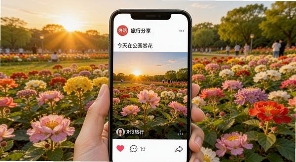 夕阳情动态分享功能预览图,手机屏幕展示一条旅行风景动态,配文“今天在公园赏花”,下方有爱心点赞和评论图标,背景为花团锦簇的公园实景,色彩明快,展现积极乐观的生活态度