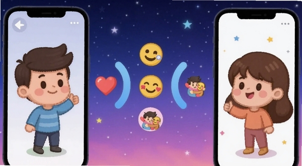 情侣星球状态同步界面，两个卡通小人分别位于手机左右两侧，中间通过无线信号连接，显示爱心、笑脸、拥抱等表情图标，背景为渐变蓝色星空，体现实时互动和情感传递