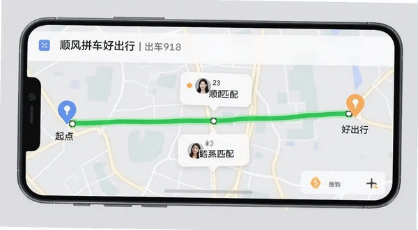 手机屏幕展示顺风拼车好出行的智能路线匹配结果页面,地图上显示一条高亮绿色路线,两端有起点和终点标记,中间有顺路匹配的联系人卡片,界面简洁清晰,色彩明快,背景为浅灰色,突出地图与匹配信息