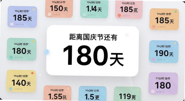 倒计时365软件在智能手机上的主界面全览,背景是干净的浅灰色渐变,中央显示着大大的“距离国庆节还有180天”的卡片式倒计时界面,周围点缀着几个不同颜色的小型倒数日卡片,画面风格简洁明快,色彩柔和,突出数字与日期的对比,采用高清手机界面截图的风格,Boogu模型生成