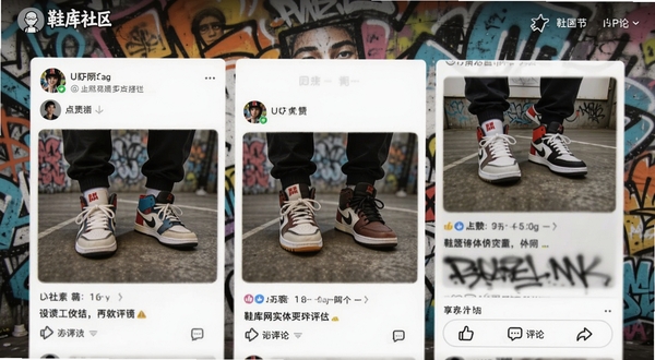 鞋库网社区讨论界面,展示用户发布的球鞋上脚实拍照片与文字评价,界面包含点赞、评论互动按钮,背景为街头潮流风格,画面氛围活跃,体现真实用户交流分享的社区感。