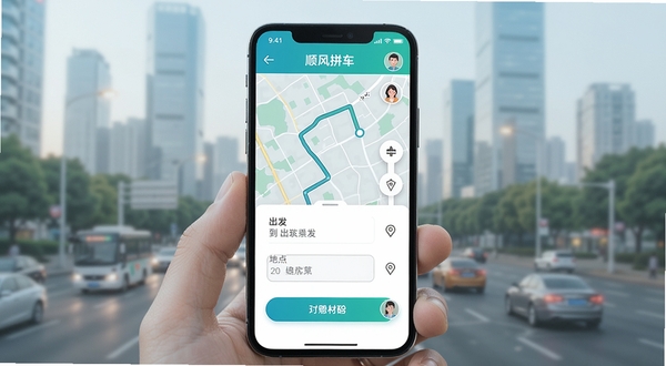 现代都市背景下的智能手机界面特写,屏幕显示顺风拼车好出行APP的主界面,有地图路线、出发到达地点输入框、配对按钮和用户头像,界面以蓝绿色调为主,扁平化设计风格,背景虚化,突出屏幕内容,画面清晰明亮,符合移动出行应用宣传图风格